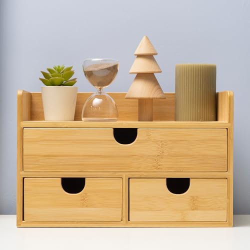MEEDEN Organiseur de bureau avec tiroirs : boîte de rangement de bureau en bambou avec étagère – Boîte de rangement de table pour fournitures de toilette de bureau et de maison
