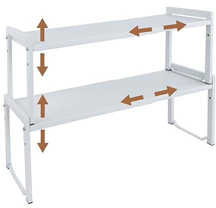 Goodsnetic 2 Packs Expandable Cabinet Shelf 13.8~26(L), Stackable Kitchen Counter SheOrganizer, 22LBS Heavy Duty Shelf Riser, Countertop Storage Pantry Shelf (White 2 Packs M)