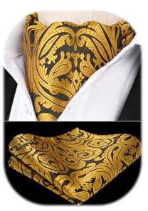 HISDERN Herren Krawattenschal Paisley Blumen Gold Krawattenschal mit Einstecktuch Taschentuch Set Halstuch fur Hochzeit Business Punkt Ascot Krawatte und Einstecktuch