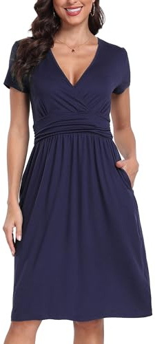 PCEAIIH Women's Summer V-Neck Midi Dress Short Sleeve Casual Floral Sundress with Pockets S Navy