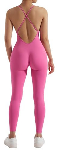 RXRXCOCO Spaghetti Strap Gerippte Jumpsuit Damen Eng Rückenfreie Padded Overall Bauchweg Yoga Sport Einteiler Romper Bodysuit Rose Rosa L