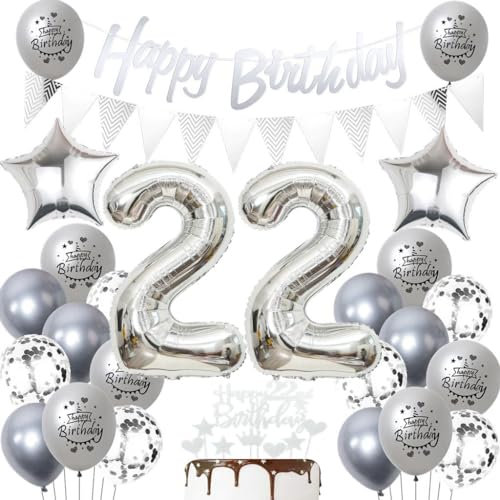 Silber 22. Geburtstag Luftballons - Dekoration für Frau und Mann - Party Deko Set für 22 Jahre