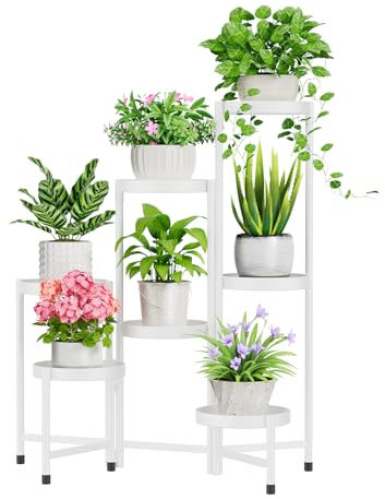 iDavosic.ly 7 Etagen Metall Pflanzenständer Blumentopfständer, Mehrstöckig Pflanzenregal Blumenregal Pflanzentreppen für Zimmerecke, Wohnzimmer, Balkon, Terrasse, Hof (Rund, Weiß)