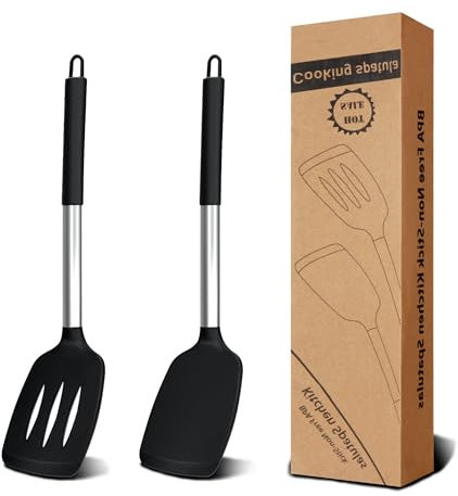 Pfannenwender Silikon, 2 Stück Silikon Küchenhelfer Set, Hitzebeständiger Pfannenwender Kunststoff BPA-frei, Silikon Spatel Küche Anzug, Schwarz Küchenhelfer Antihaft Spachtel zum Kochen