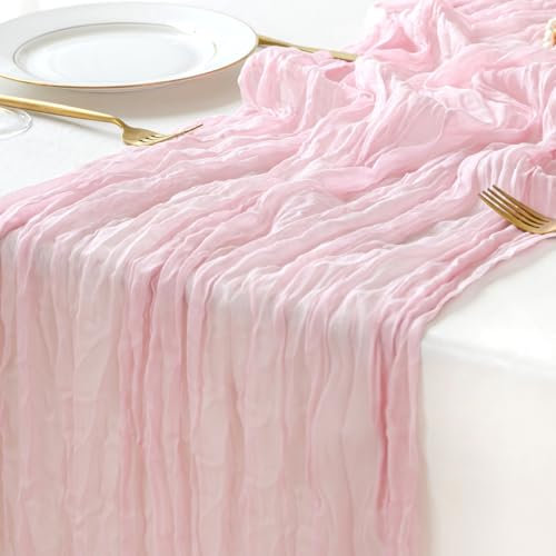 Sioloc 1 Stück Rosa Mulltuch Tischläufer 90x300 cm Boho Gaze Läufer für Herbstdeko, Hochzeit, Party, Baby Bridal Shower, Geburtstags Tischdekoration