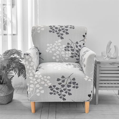 Highdi Stretch Sesselbezug Sesselhusse Blumenmuster Weich Spandex Sofabezug mit Armlehnen rutschfest Sofa Überzug 1 Sitzer Sesselschoner für Relax-Sessel Cocktailsessel (graue Blätter)