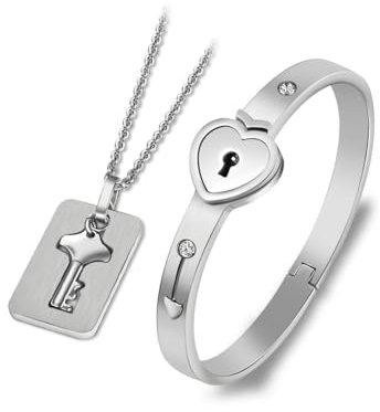 Paowsietiviity Couple Lock and Key Steel Necklace Heart Bracelet Kit Wedding Ceremony Banquet Romantic Bangle Pendant Jewelry Set Silver