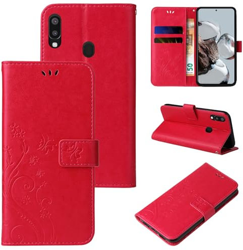 LBH Handy Hülle für Samsung Galaxy A20e Case Handytasche Schmetterling Blumen Flower Standfunktion Schutzhülle Magnet Rundum Schutz 360 Grad Flipcase Cover Rot