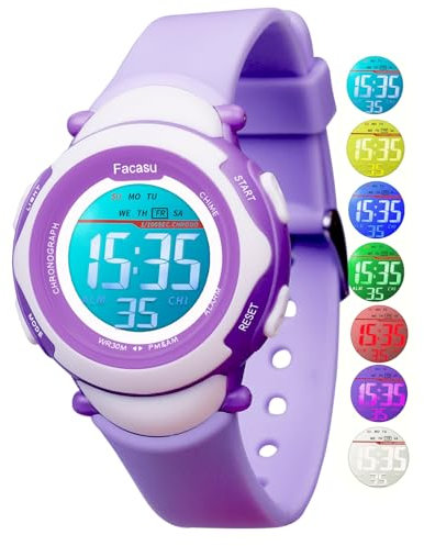 Facasu Montre Digitale Enfants,Montre Filles Garçon,Montre Étanche Numérique Sport et Colorée Lumière avec Alarme chronomètre Cadeaux pour Enfants