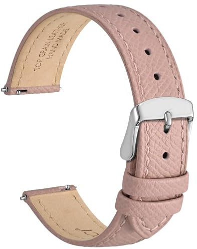 WOCCI 20mm Grace Uhrenarmband für Damen, Top Grain Leder, Schnellverschluss, Silberner Schnalle (Retro Rosa)