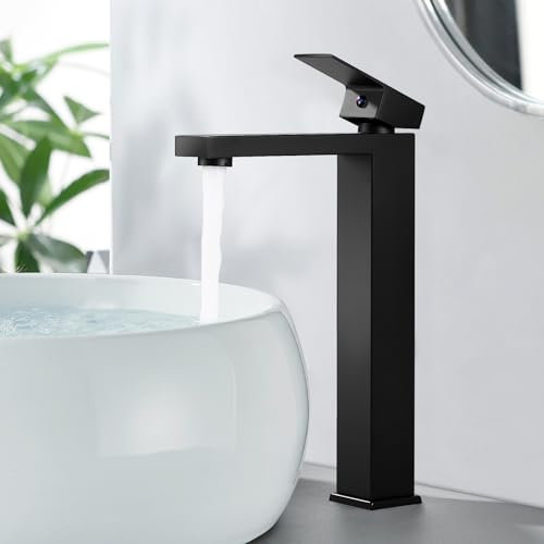 Waschtischarmatur Schwarz Hoch, Waschbeckenarmatur Wasserhahn Bad, Armatur Badezimmer Mischbatterie Waschbecken, Eckig Wasserhähne Bad mit Höhe 295mm, Edelstahl
