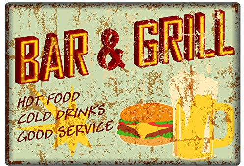 Metallschild, Bar und Grill, Diner Pub, lustiges Vintage-Dekor, Zuhause, Küche, Bar, Café, Club, Höhle, Wanddekoration, Retro-Blechschild, 30 x 43 cm