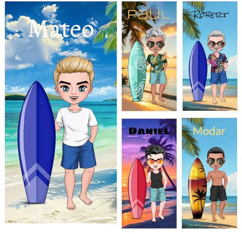 Jodimitty Strandtuch Mikrofaser Personalisiertes Name Cartoon Schnelltrocknend Leicht Badetuch Herren Junge DIY Strandtuch für Strand Reise Urlaub Schwimmen, 60x120cm/76x152cm/90x180cm