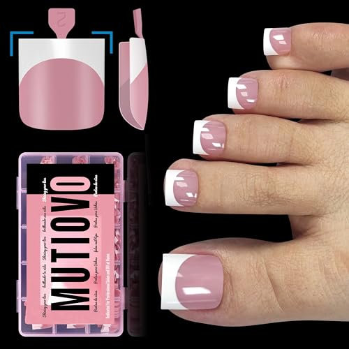 MUTIOVO French Tip Toe Nail Tips Press on, Sharp Square Pre-Designed Soft Gel False Toenail Extension, BERRY PINK Pre-applied Tip Primer & Base Coat, Full Cover Acrylic for DIY x 15 Sizes 240 pcs