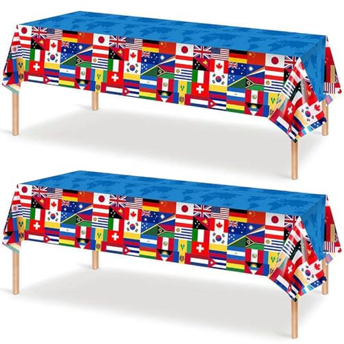Lot de 2 nappes de fête avec drapeau international pour drapeaux, 130 x 220 cm, nappe en plastique pour fête sur le thème du pays, décorations de fête olympique euro, nappes pour événements sportifs,