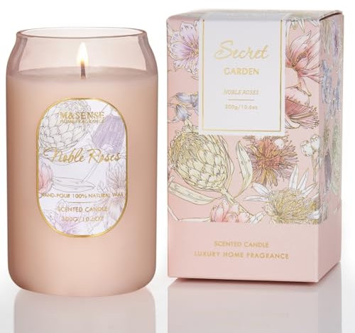 M&SENSE 300g Soy Scented Candles Noble Roses - 60 Hours Long Burning, Non-Toxic Glass Jar Pink Candle, Aromatherapy for Relaxing, Luxury Birthday/Mother's Day Gifts for Women