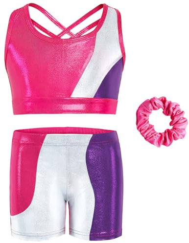 Gogokids Set di 3 pezzi da ginnastica da bambina, body senza maniche con pantaloncini e fascia per capelli, tuta da ginnastica con colori sfumati, per bambini dai 3 ai 12 anni, Rosa, 140(130-140