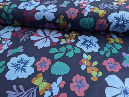 Baumwolle, Baumwollstretch, große Blumen Blau als Meterware zum Nähen, 50 cm