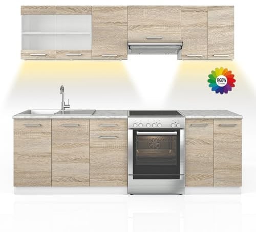 Vicco Küchenzeile Raul, Küchenblock, Sonoma, 240 cm, AP Marmor mit LED-Leisten