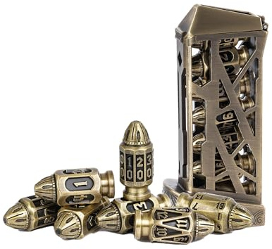 UDIXI Metal DND Bullet Dice Set, 7-Die Polyhedral Metal Dice Set with Magazine Container for D&D, Role Playing Game or Other Tabletop Games(Ancient Bronze)
