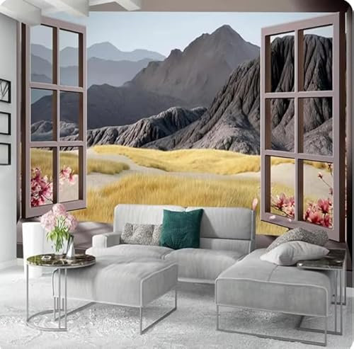 XDOUBAO Papel tapiz con paisaje exterior, ventana, patrón de montaña, fotomural, 3D, 200 x 140 cm