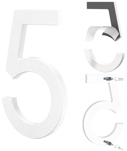 Yafimea Numero civico esterno 15 cm bianco, Numeri civici adesivi o a vite, effetto galleggiante 3D, plastica resistente per parete o cancello (5)