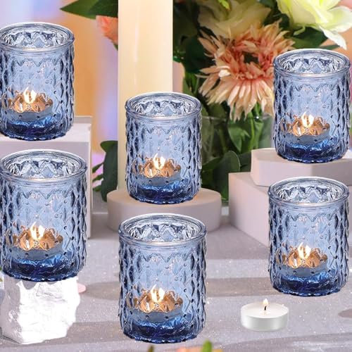 6 Pcs Bougeoirs en Verre pour Bougies Chauffe-Plat, Bougeoirs Transparents pour Bougies Chauffe-Plat pour Les centres de Table de Mariage, Les fêtes et la décoration d'intérieur (6, Bleu)