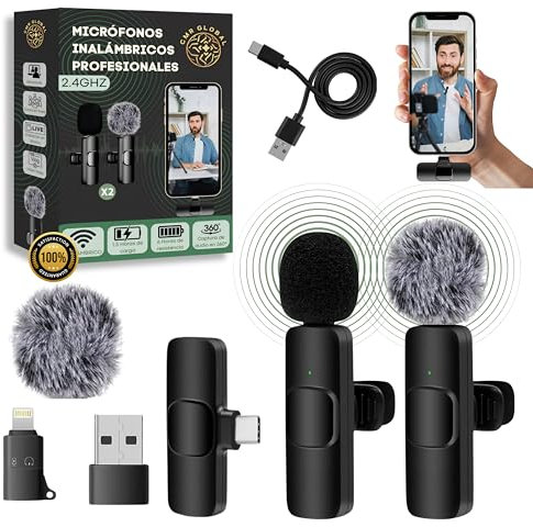 2 Pcs Micrófono inalámbrico para iPhone, iPad, Android, PC, con USB-C, Microfonos de Solapa con Clip para Grabación de Vídeo, Youtube, Twitch, TikTok, Vlog, Podcast, en Vivo con cancelación de Ruido.