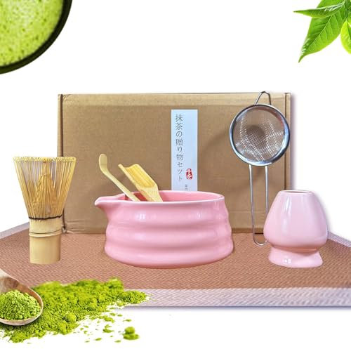 Pink Matcha Tea Set, 6pcs Matcha Whisk Set Pink, Matcha Ceremony Accessory, Whisk Holder, Matcha Bowl, Matcha Whisk, Bamboo Scoop, Sifter, Ceramic Matcha Bowl Tea Ceremony Accessory for Making Matcha