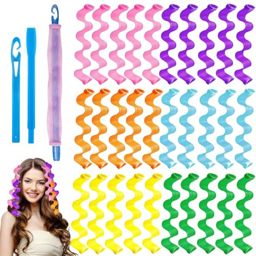 32 Stück Lockenwickler Set Heatless Curls Spiral Locken Wave Styling, Locken Ohne Hitze Mit 2 Styling Haken Für Lange Haare Wellen Und Alle Frisuren (30 Cm)