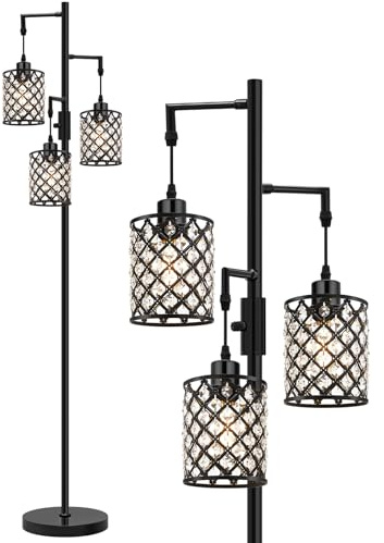 GyroVu Stehlampe Schwarz, Kristall Stehleuchten für das Wohnzimmer | 3 Flammige Stehlampen mit Elegantem K9 Kristallschirm und Drehschalter, Moderne Standlampe für Schlafzimmer, Home, Leseecke
