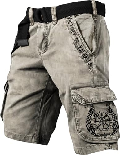 XuanXmy Pantalones Cortos Tácticos De Carga Impresos De Viking para Hombres, Estilo Retro, Multibolsillo, Sueltos (sin Cinturón) L