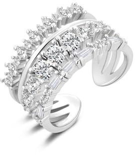 ALEXCRAFT Silver Zirconia Rings for Women, Hypoallergenic Open Wedding Ring | Adjustable Chunky Open Rings with Cubic Zirconia CZ Diamond Rings Large Wedding Anniversary Engagement Rings for Women Lady