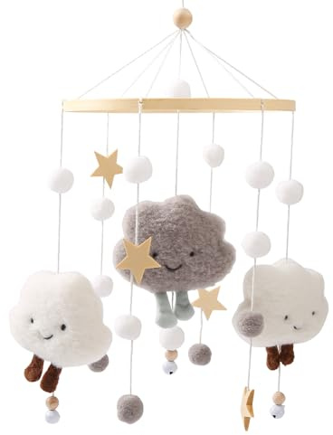Mobile Baby Windspiel Krippe mit Filzbällen Wolken Sterne Mobile Babyzimmer Holz Gehäkelt Mobile, Kinderzimmer Hängende Bettglocke Anhänger für Babybett Wickeltisch Deko (Grau,1pcs)