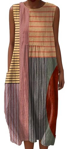 Freizeitkleid Damen Leinen Musselin Sommerkleid Ärmellos Tunika Knielang A-Linie Luftig Locker mit Taschen Baumwollkleid Strand Urlaub Blumendruck Lässig Kleid Falten Vintage Strandkleid Leinenkleid