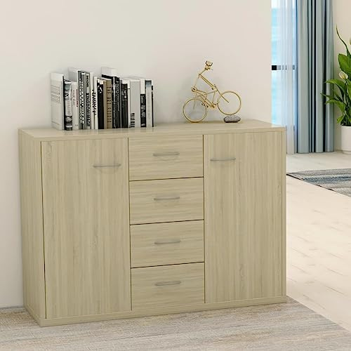 Refined Sideboard, Kommode mit viel Stauraum, Schrank mit 4 Schubladen 2 Türen, Mehrzweckschrank Anrichte für Wohnzimmer, 88x30x65cm Holzwerkstoff (Sonoma Eiche)