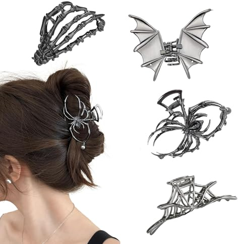 Xanthelle Claw Clip, 4er Set Gothic Halloween Haarspangen aus Metall, Spinne Fledermaus Geisterhand Spinnennetz, Y2K Grunge Hair Accessories
