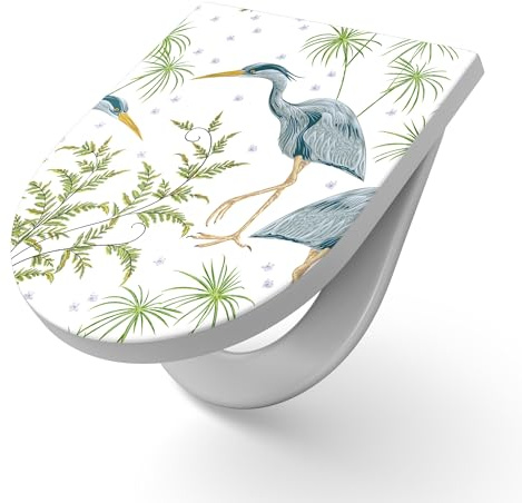 DEQORI Toilettensitz mit Motiv Tropischer Stelzengang | WC Sitz in Weiß aus Duroplast | Format 36,4x45,4 cm – antibakterielle Klobrille für D-Form WC mit Deckel – pflegeleicht & dekorativ