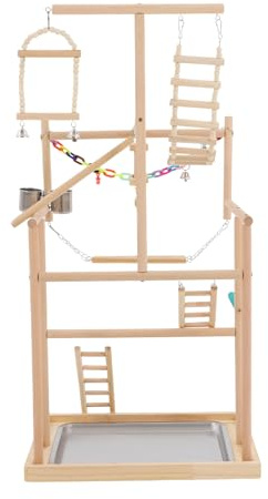 HIKUUER Papegojställ fågellekplats 48 x 33,5 x 94,5 cm naturligt träpapegojställ med matskål och stående plats för papegojor, nymfparakiter