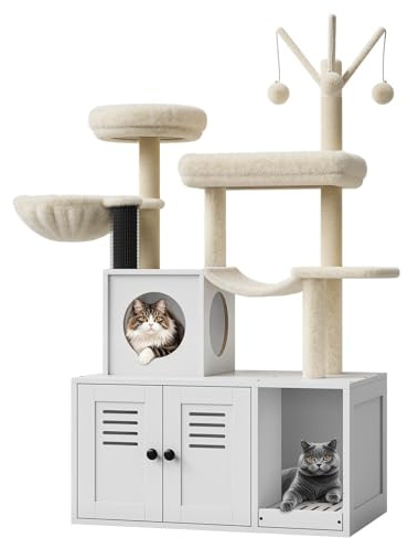 Garvee Cat Tree with Litter Box Enclosure, 140cm Modern Cat Tower, 2-in-1 Condo with Scratching Posts, Condo, Hammock, Perch and Removable Pompom Sticks, Wooden Cat Furniture with Multiple Platforms