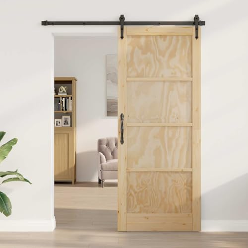 Runheo Puerta interior de madera contrachapada natural, 86 x 211 cm, puerta corredera rústica, madera de pino, ahorra espacio, versátil y se puede montar para viviendas y proyectos de bricolaje