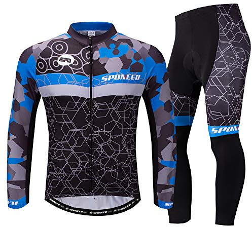 sponeed Fahrradbekleidung für Herren, langärmlig, Mountainbike, Rennrad, Jeresys Hose, gepolstert, Jakcet Outfit, Blau/Mehrfarbig, Mittel