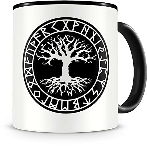 Samunshi® Yggdrasil mit Runen B Tasse Kaffeetasse Teetasse Vikinger Wikinger Germanen schwarz 300ml