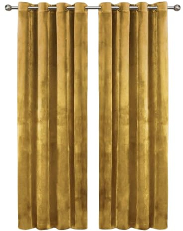Oxford Homeware Ochre Blackout Curtains 90x90 for Bedroom – Crushed Velvet Eyelet Curtains Thermal Insulated + 2 Tie Backs (228cm x 228cm)