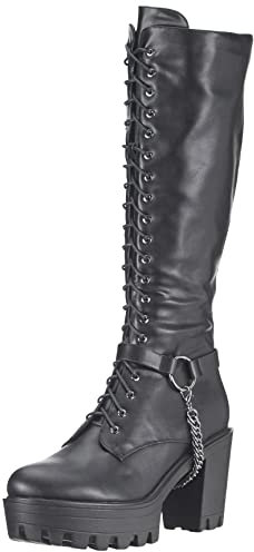 Only maker Damen Reißverschluss Stiefel Langschaft Plateau Schuhe mit Metall Ketten Schwarz 42 EU