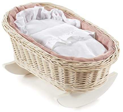 e-wicker24 Alles aus Weide Natural Wicker Dolls Cot Vintage Dolls Cradle Doll Bed Handmade Cot for Dolls Baby Doll Crib Retro Style White Doll Bedding-Wooden Rocking Cradle Rocking Bassinet Toy