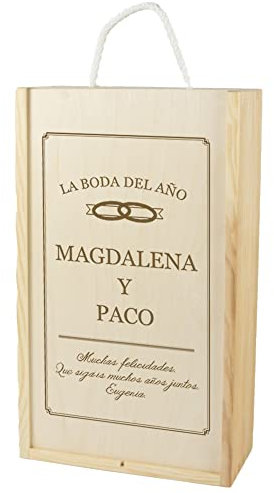 Caja de Madera para dos Botella de Vino grabada con título, Nombres y dedicatoria