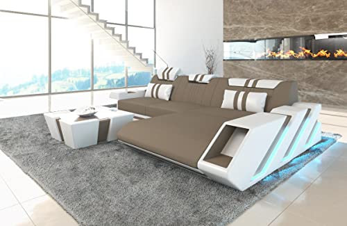 Sofa Apollonia L Form Stoffsofa - mit LED Beleuchtung, verstellbare Kopfstützen, Recamiere/Mikrofaser/Ausrichtung wählbar (Ottomane rechts, Taupe-Weiß C106)