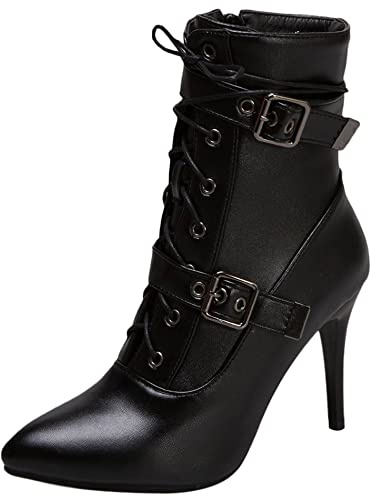 Lroey Reoly Bottines à Talon Aiguille Femme, Bottes de Fête Talons Hauts Pointu Bottines Zip Boucle 155 Noir Taille 43 EU