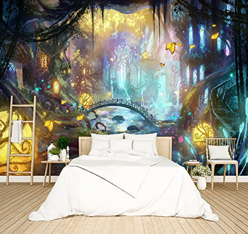 BZHXBZ - Enchanted Forest Backdrop Wallpaper Black and Gold Tree Nursery Kids Bedroom Dream Butterfly murals Boys and Girls Room Decor Home Living Room Large Wall Mural - 137x96 Not Peel and Stick